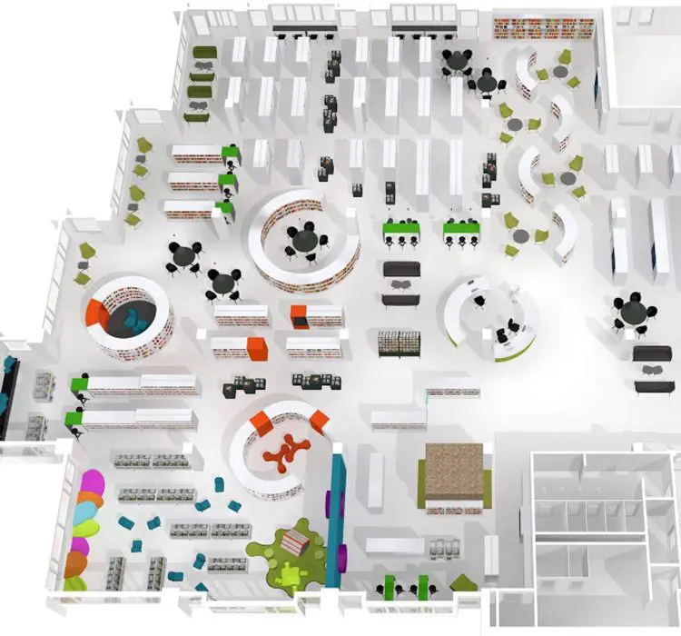 A plan of an office building with many different colored objects.