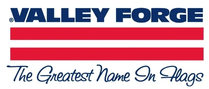 A red white and blue banner with the words valley forge in it.