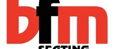 A red and black logo for bfm seating