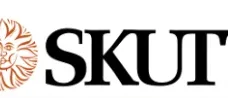 A black and white logo of sku