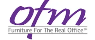 A purple and white logo for furniture for the real office.