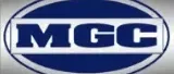 A blue and white logo of mgc