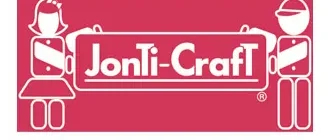 A red and white logo for jonti-craft.