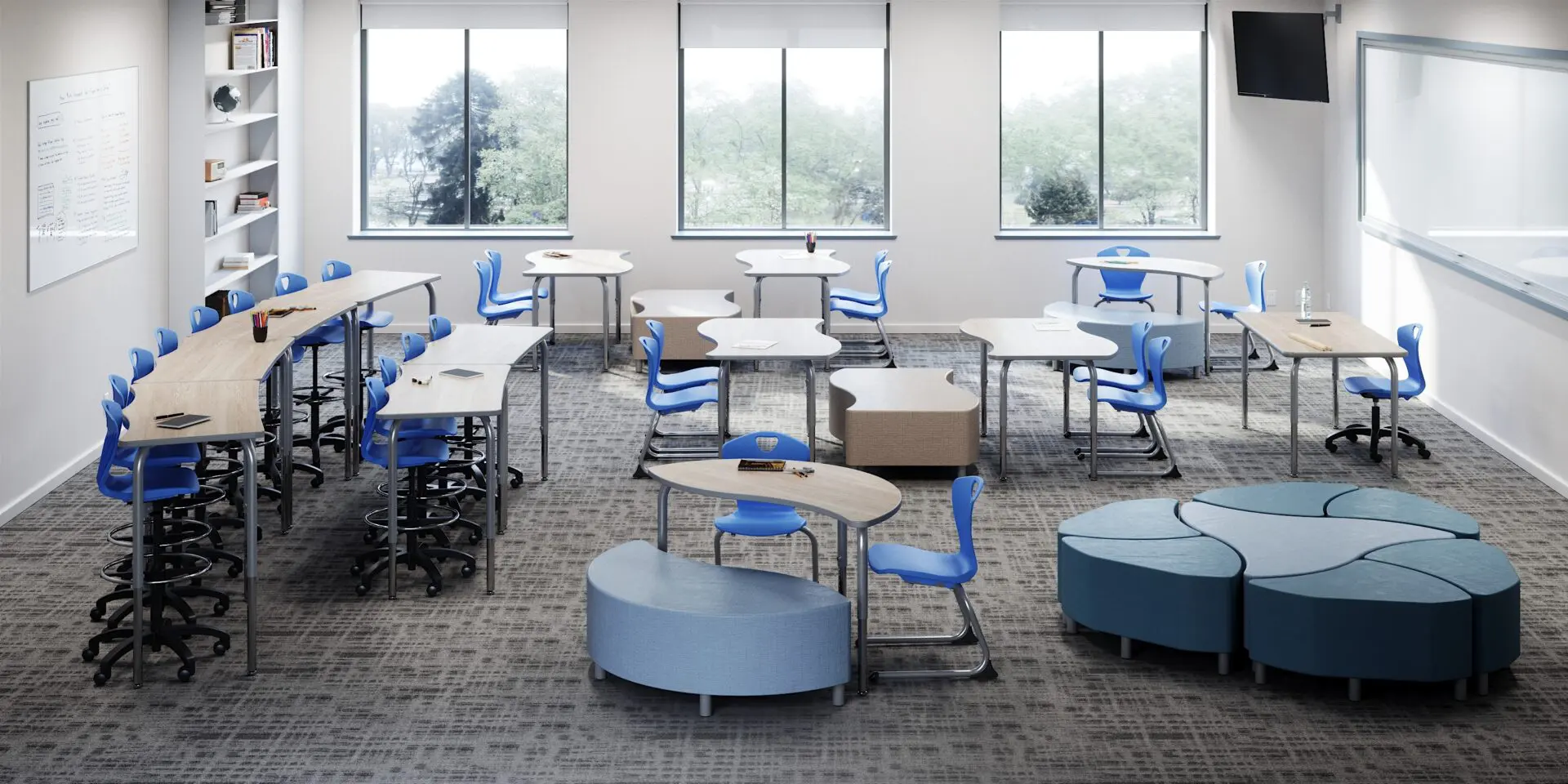 A classroom with many tables and chairs in it