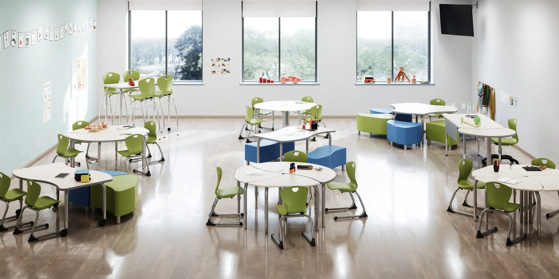 A classroom with tables and chairs in it