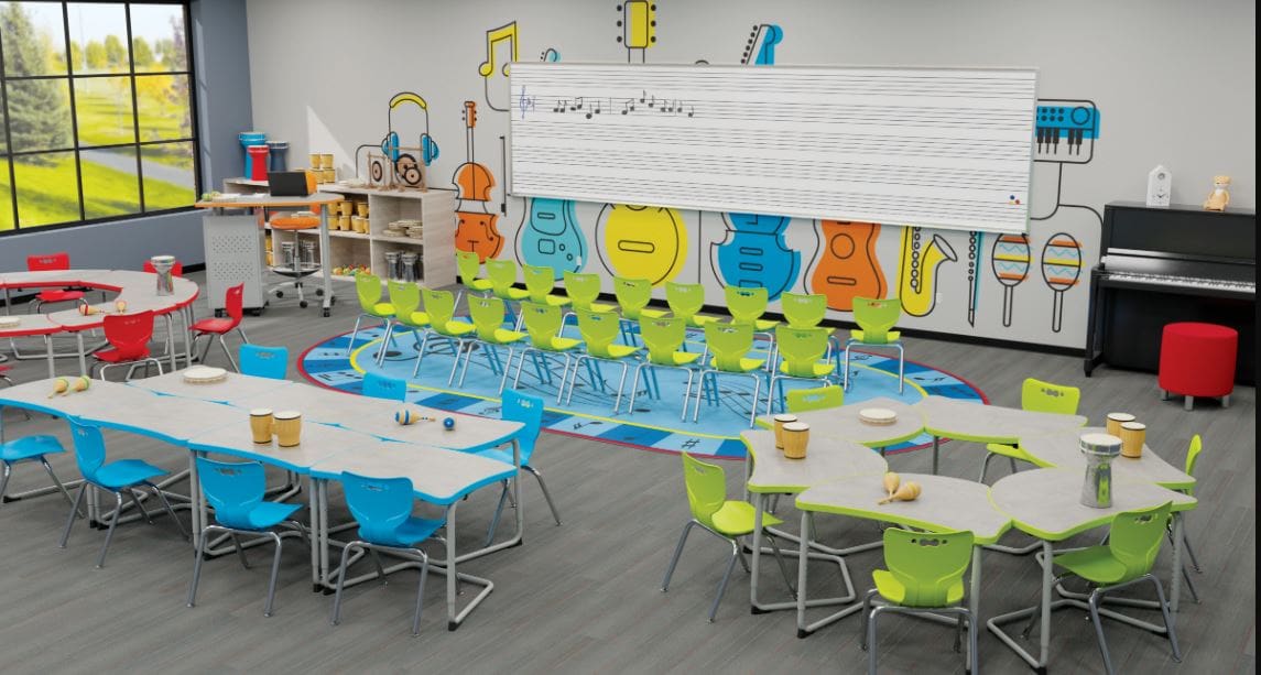 A classroom with tables and chairs, musical notes on the wall.