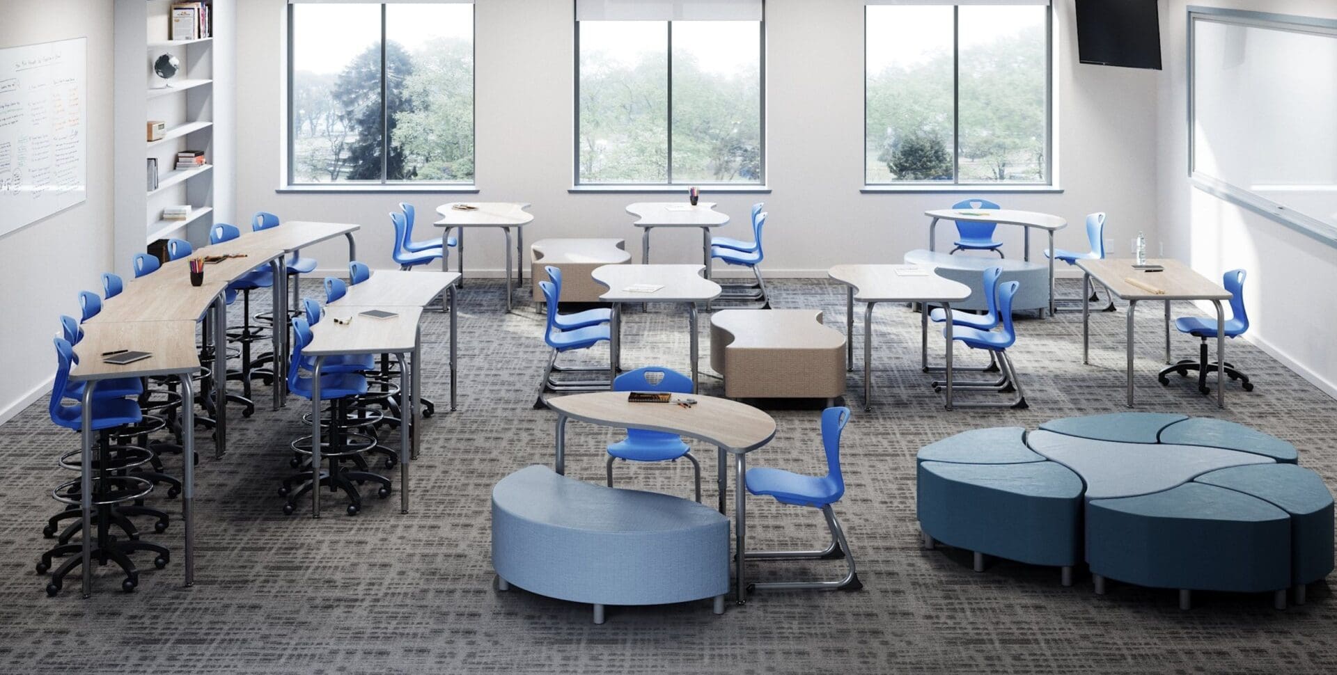 A classroom with many tables and chairs in it