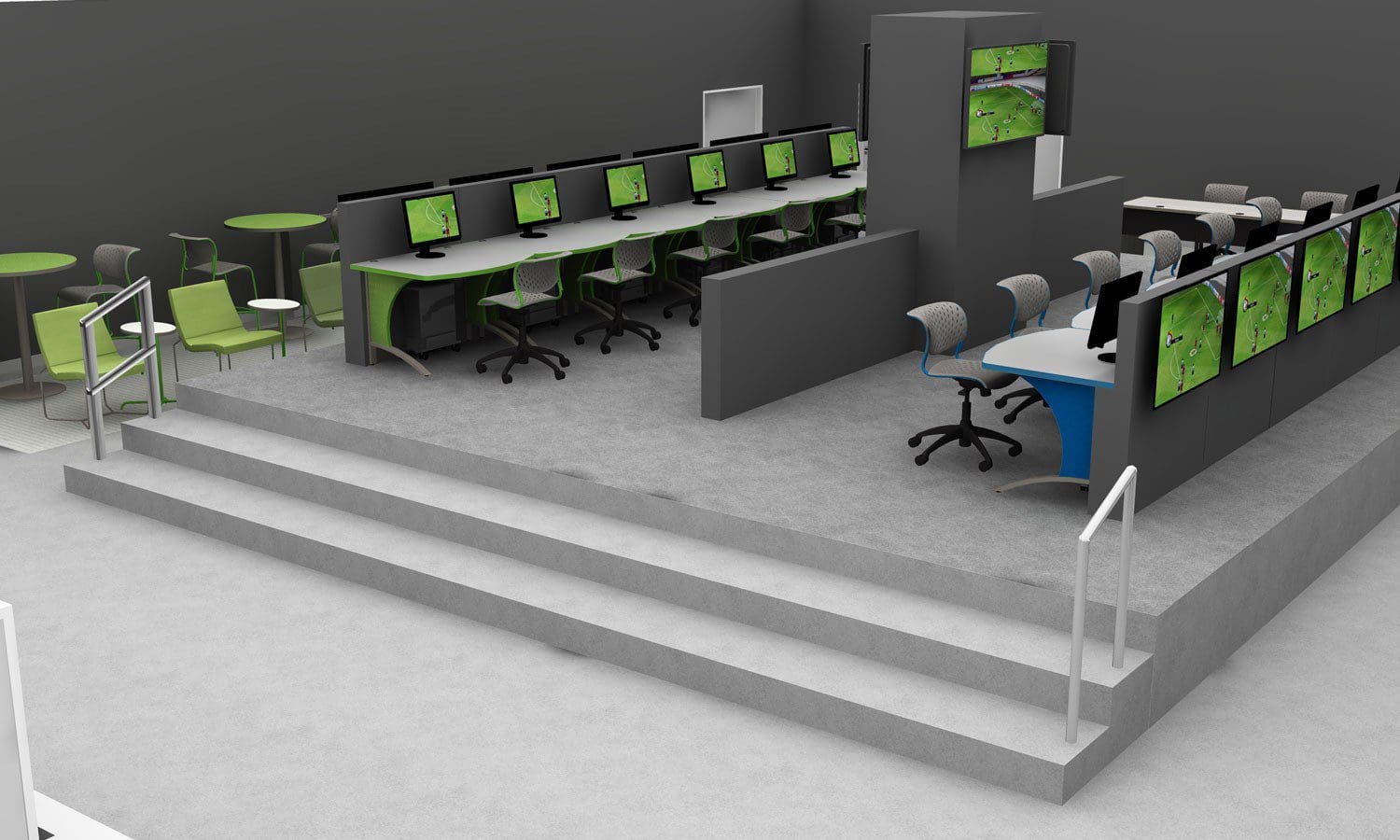 A computer room with green chairs and tables.