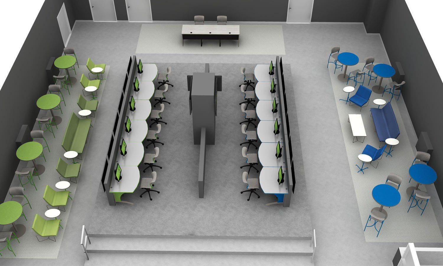 An overhead view of a classroom with desks and chairs.