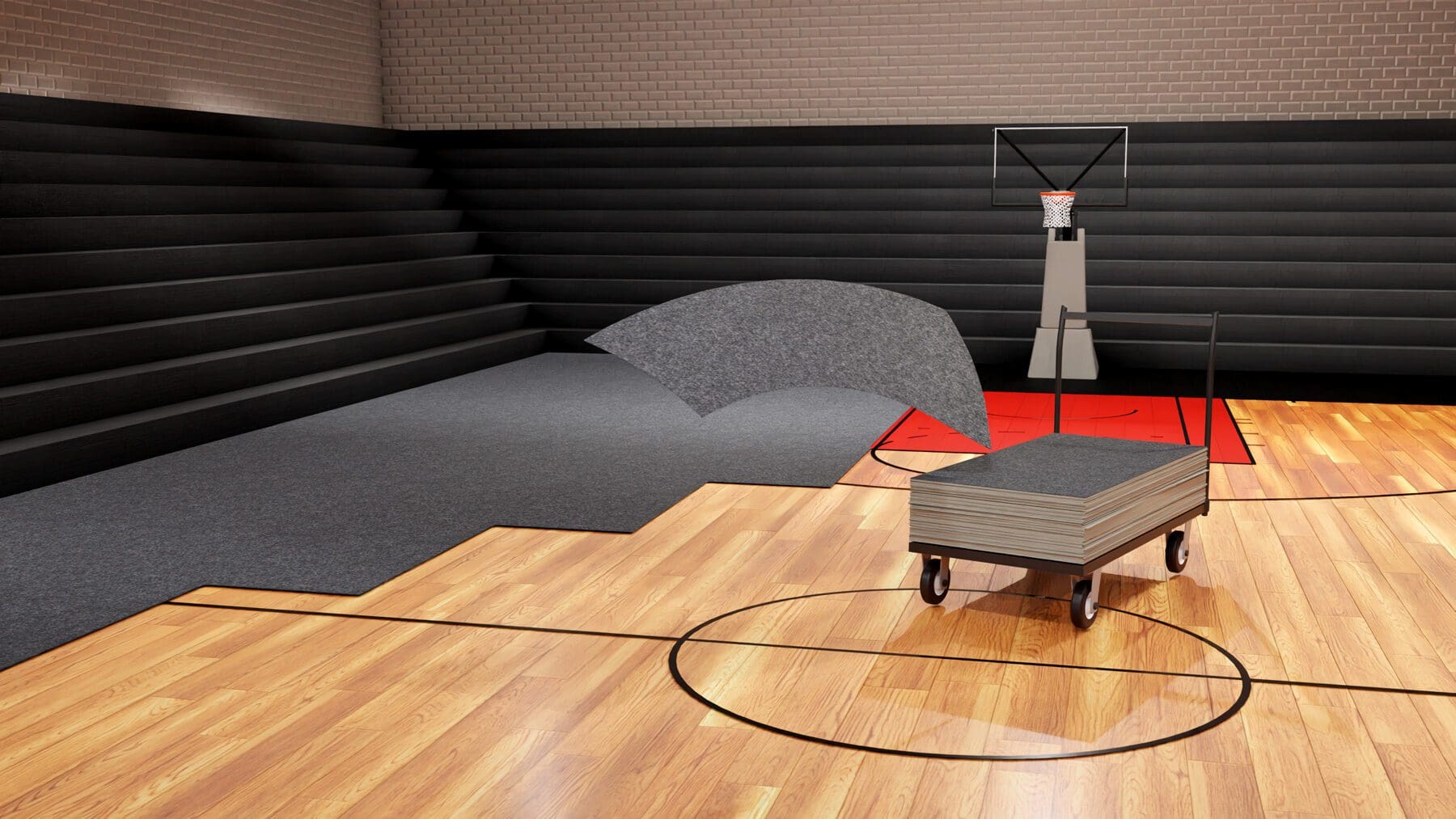 A room with a basketball court and a couch