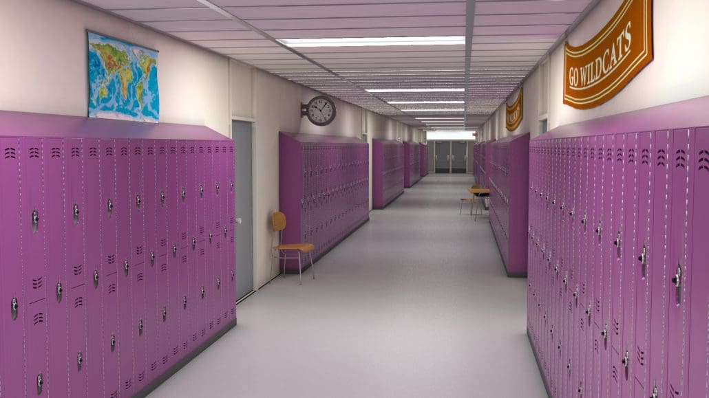 A hallway with lockers and a clock on the wall.