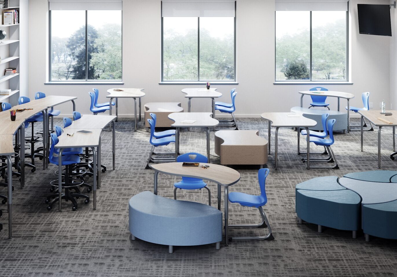 A classroom with many tables and chairs in it